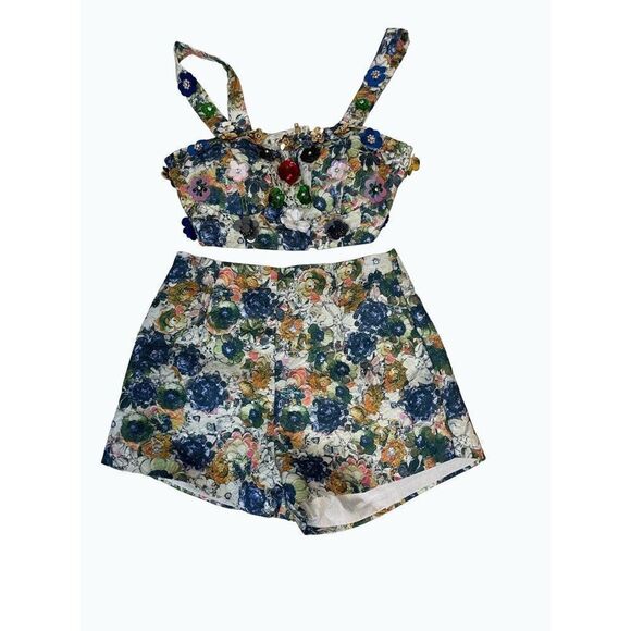 Nichole Lynel Sequin Floral Shorts Midrif Top Outfit Small - Picture 1 of 8